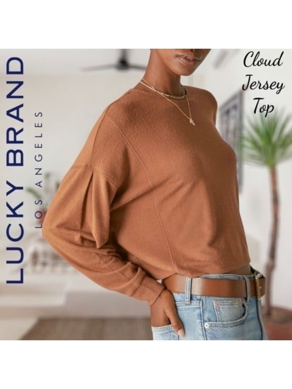 LUCKY BRAND Cloud Jersey Exposed Seam Relaxed Long Sleeve Top-Caramel/Lg/NWT